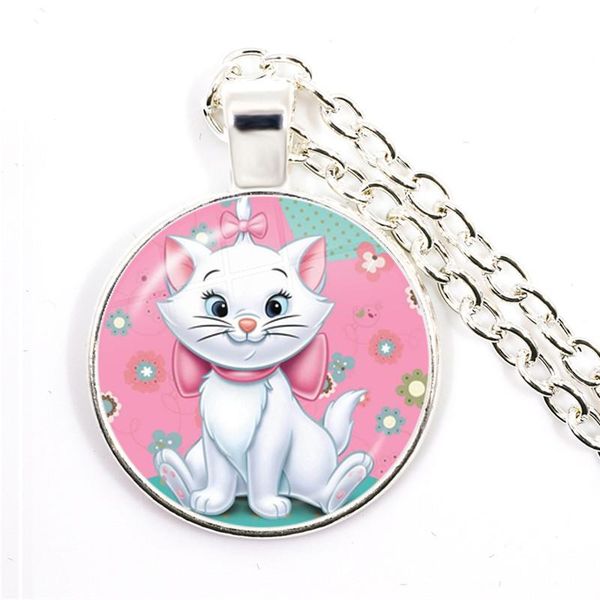 

the aristocats 25mm glass cabochon necklace fashion jewelry cute marie cat anime cartoon pendant for women men kids gift, Silver