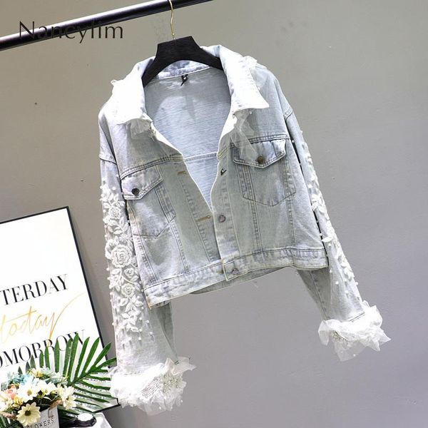 

light blue denim coat women spring autumn 2020 new fashion lace stitching flower embroidery loose short denim jacket girls lady, Black;brown