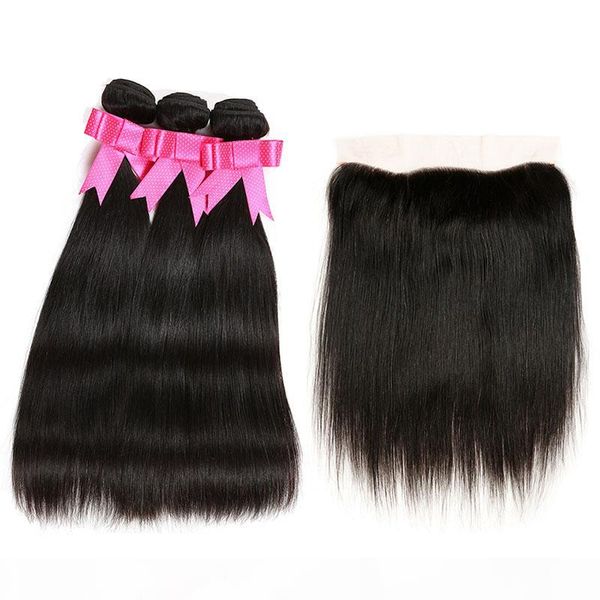 

silky straight ear to ear lace frontal closure with 3 bundles brazilian virgin hair weaves straight human hair wefts with 13*4 lace frontal, Black;brown