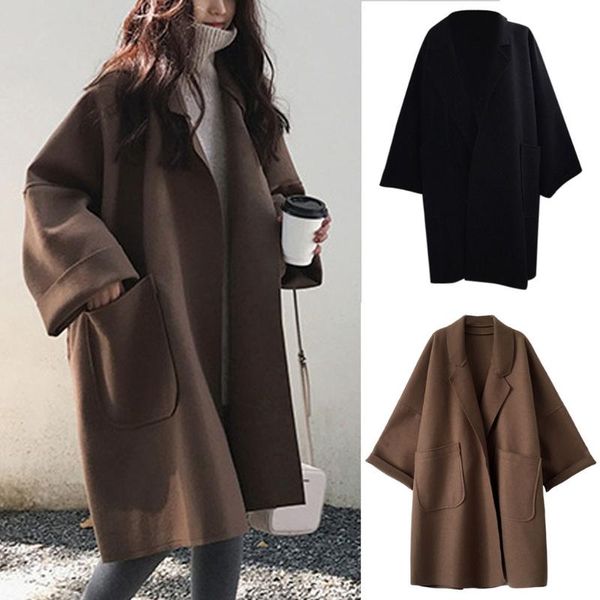 

women's wool & blends coat winter women pocket long sleeve casual loose sweater trench manteau femme abrigos mujer 2021, Black
