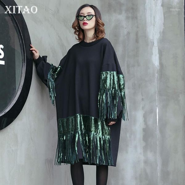 

xitao] loose women 2019 spring korea fashion o-neck full sleeve female tassel patchwork casual long sweatshirt lyh24561, Black