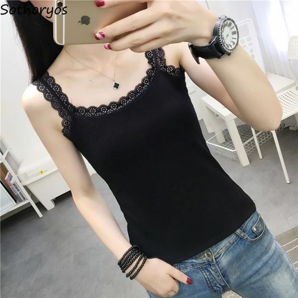 

tanks women lace edge solid simple leisure patchwork womens korean style sleeveless tees slim trendy ulzzang new loose1, White