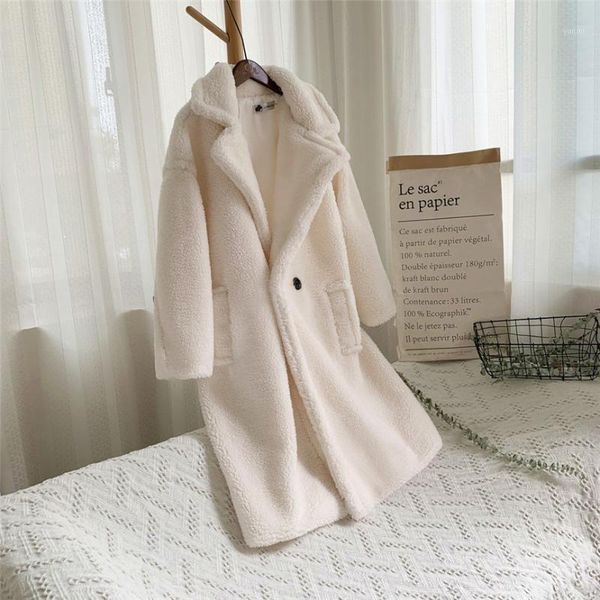 

women coat long sleeve solid color fashion autumn and winter loose medium long windbreaker lamb coat plus size windbreaker1, Tan;black