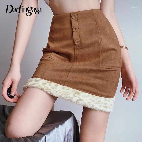 

darlingaga leopard print bodycon suede high waist skirt fashion buttons faux fur trim hem mini skirt slim korean woman skirts1, Black