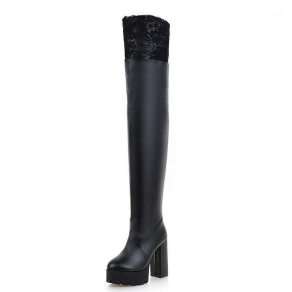 

boots promotion winter pattern fashion coarse heel lace white over the knee women knights plus size 34-431, Black