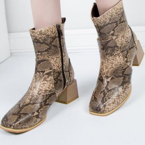 

print snake pu women ankle boots zip pointed toe footwear thick high heels female boot shoes women 2021 snakeskin bootie sy773, Black