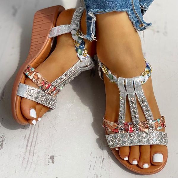 

2021 new wholesale gladiator wedge heels elastic band crystals summer women shoes woman sandals leisure beach sandals, Black