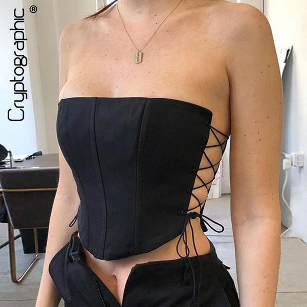 

cryptographic off shoulder strapless lace up bustier corset crop for women black sleeveless vest cropped feminino, White