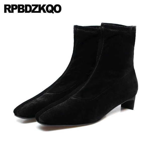 

suede sheepskin chunky slip on black boots stretch shoes women genuine leather autumn low heel ankle square toe