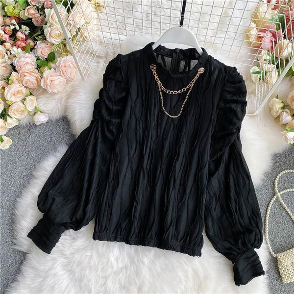 

western style french puff sleeve pleated wood ear blouse female korean fashion chain slim long-sleeved shirt uk2291, White