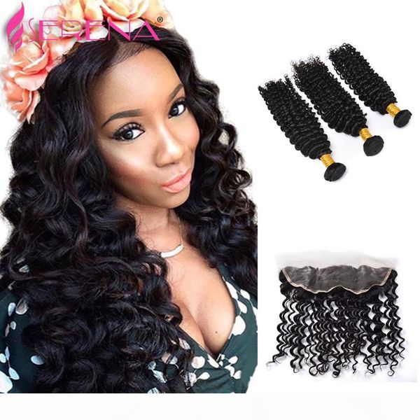 

7a malaysian curly hair lace frontal closure with 3 bundles 13*4 ear to ear lace closure with malaysian virgin hair deep wave, Black;brown