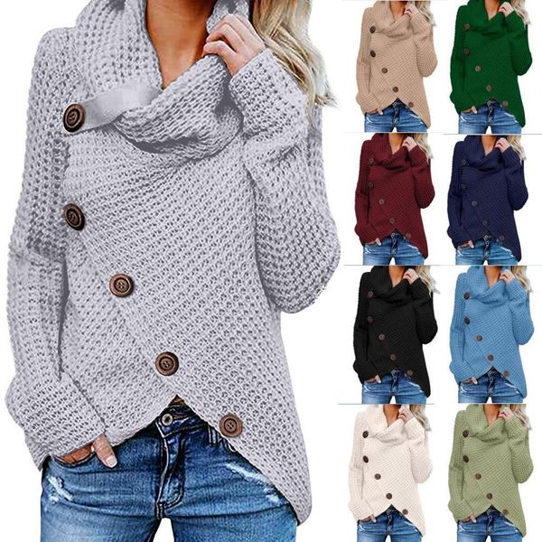 

spot 2021 europe united states autumn winter fashion leisure temperament solid color irregular button long sleeve sweater square neck, White;black