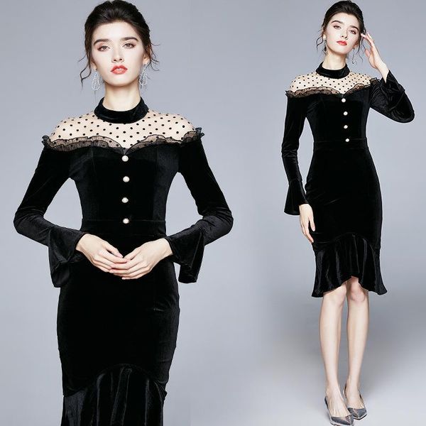 

vintage dress women autumn elegant long sleeve patchwork o-neck pearls button midi dress mermaid vestidos robe, Black;gray