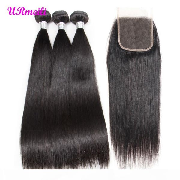 

прямые волосы человеческих 3 пучков с 5x5 закрывающих сырья индийских девственных волос переплетения пучков с закрывающей 5x5 кружева девств, Black;brown