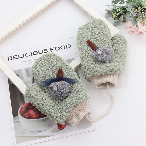 

korean new women's thickened warm cartoon teddy plush gloves, Blue;gray