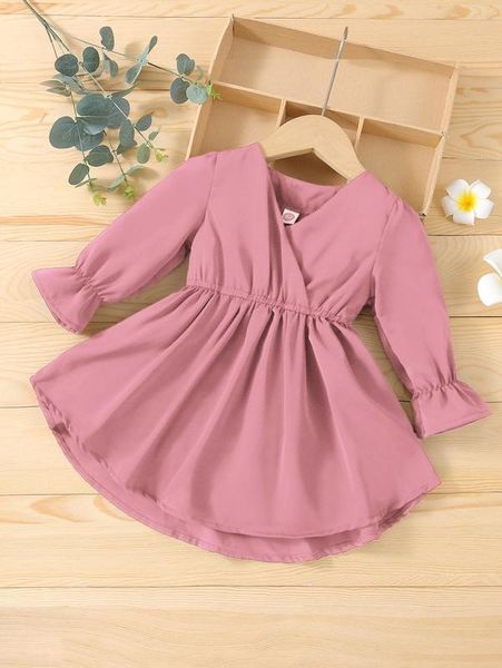 

baby overlap collar flounce sleeve dress she02, Red;yellow
