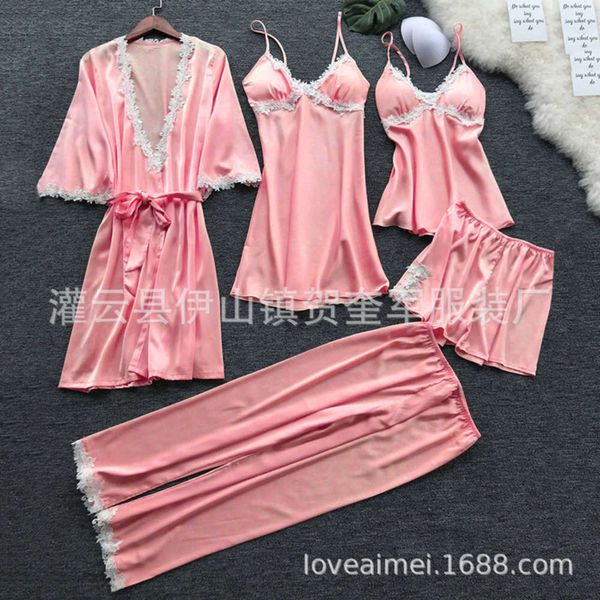 

five piece pajamas with suspenders, women's trousers, imitation silk nightdrs, Black;white