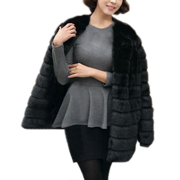 

winter fashion solid color thick warm fur long sleeve o-neck jacket for womens faux fur furry coat outerwear overcoat plus size, Black
