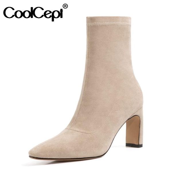 

coolcept women ankle boots square heel slip on shoes pointed toe winter warm boots fashion women office footwear size 33-40, Black