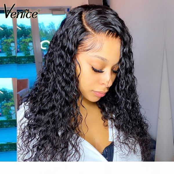 

venice hair water wave lace front wig glueless lace front human hair wigs pre plucked curly human wigs for black women remy, Black;brown
