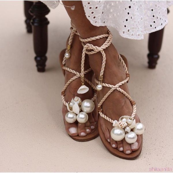 

sandals size 43 summer shell women lace up pearl flat rome retro beach1, Black