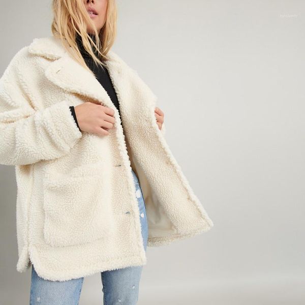 

ucnye fashion faux fleece coats woman jackets pockets plush fluffy soft long sleeve outewear solid overcoat autumn and winter1, Black