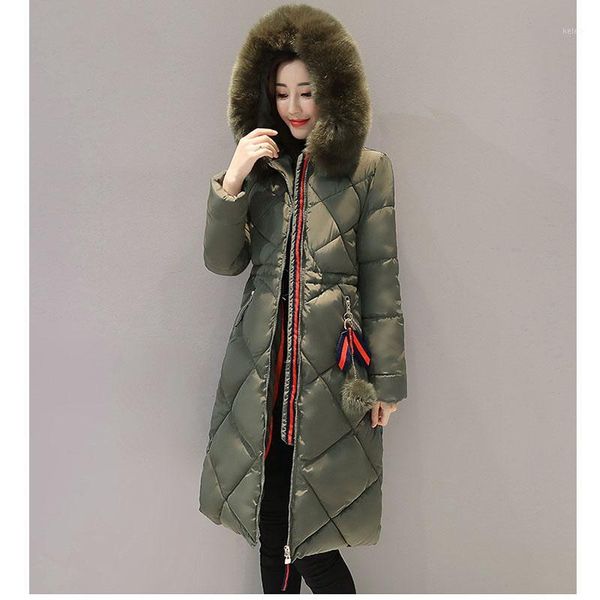 

winter jacket women new knee long section cottonlarge size thick warm big hair collar hair ball parka down cotton coat women1, Black