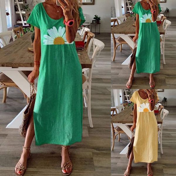 

women's swimwear women's round neck short sleeve loose split dress summer daisy print daily vintage beach casual boho maxi dress1, White;black
