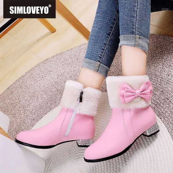 

simlovey large size 28-43 sweet winer snow boots women bowtie crystal heels warl plush ankle booties zipper bottines mujer botas1, Black