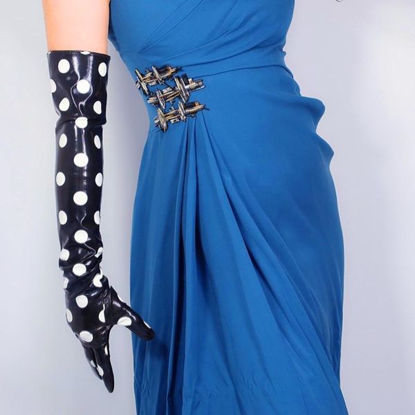 

elegant latex long gloves faux shine patent leather large polka dot loose fit for dance party black ladies wedding gloves h jlllsi, White