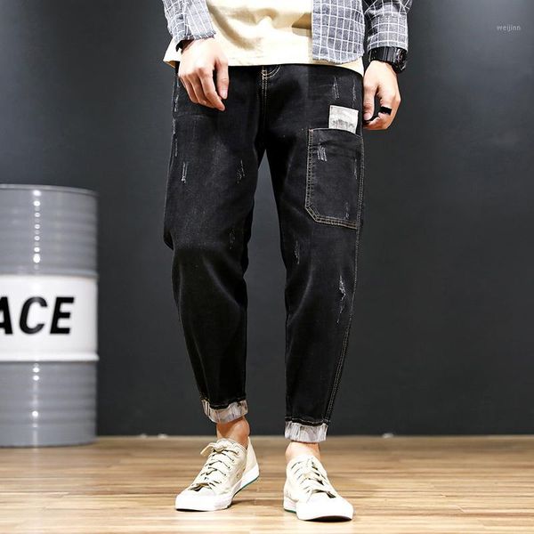 

port& hip hop stretch jeans street wear harem pants men loose joggers denim casual sweatpants korea ankle length trousers1, Blue