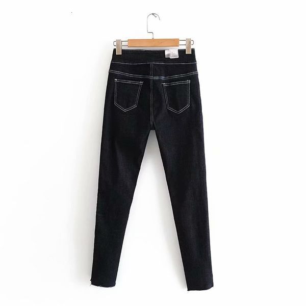 

autumn women's new stretch slim mid high waist two button jeans pants, Blue