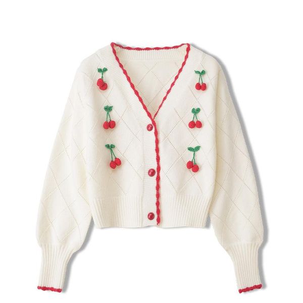 

sweet high-waist cherry embroidered v-neck sweater women spring fall short knitted cardigans outerwear sweaters ta3196, White