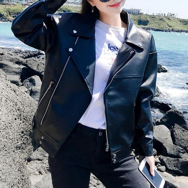 

punk pu faux leather jacket women casual fashion gothic autumn winter motorcycle oversize jackets 2xl korean outwear coat1, Black