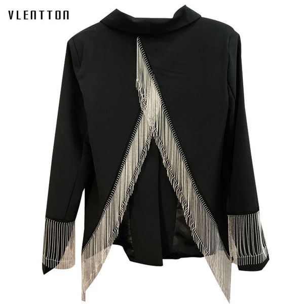 

autumn backless jacket blazer women chic metal tassel coat outwear female v-neck short pink black office blazers feminino, White;black