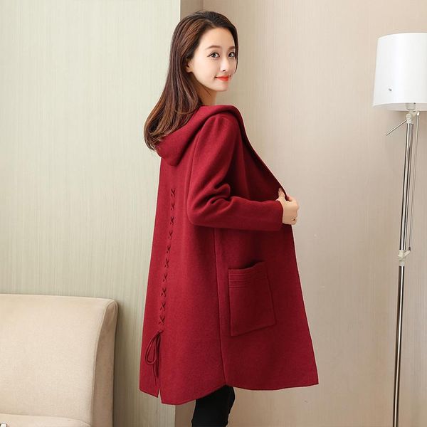 

women's trench coats 2021 spring autumn sweater mid-length knitted cardigan women loose plus size sweaters hooded coat b678, Tan;black