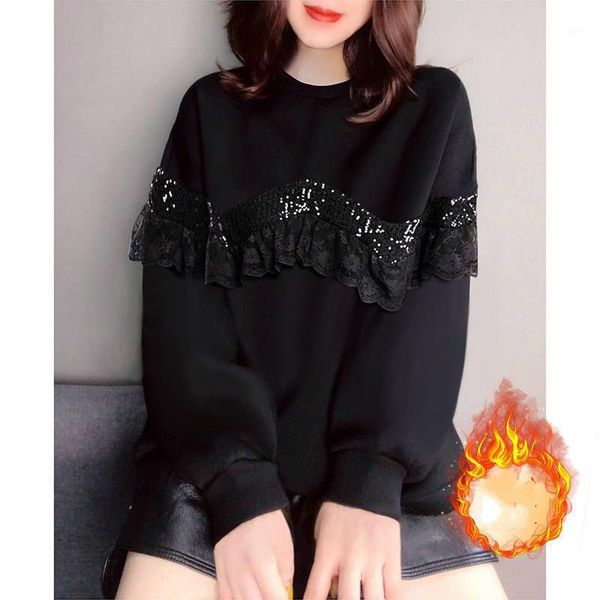 

women thick warm sweatshirt fleece puff sleeve oversize hoodies1, Black