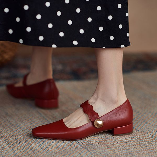 

2020 leather bege female springs in shallow bottom heels chic office lady labor shoes belts mary jeans apricot red zapatillas 7wjx, Black