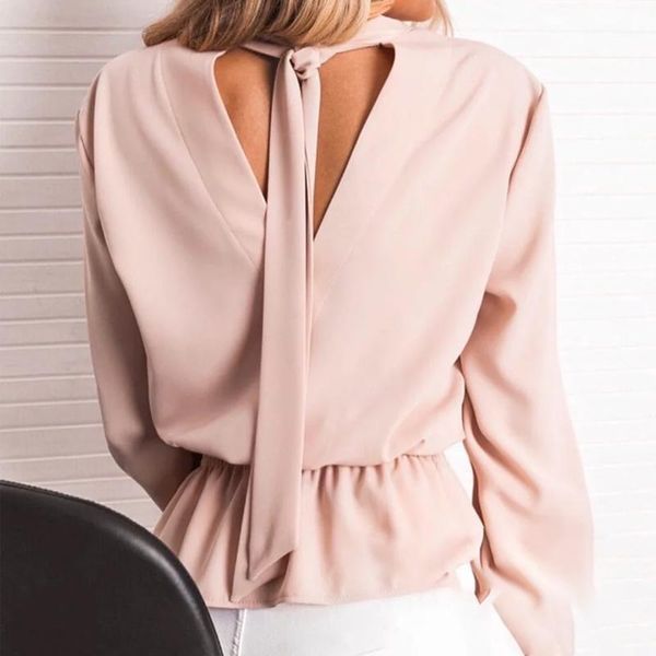 

fashion pullover blouse for women casual bandage collar flare sleeve elestic waist backless shirt elegant solid female1, White