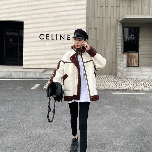 

plus plush faux suede lambswool coat winter women's loose thicken warm leather motorcycle biker jacket streetwear, Black