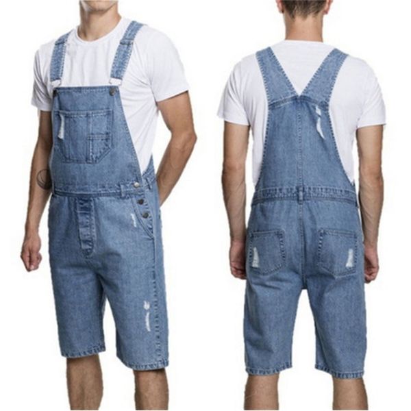 

new men's jeans holed shorts one piece overalls, Blue