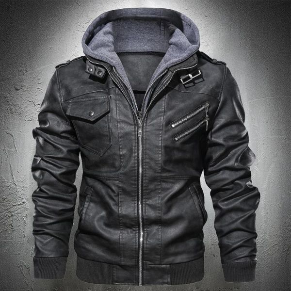 

men's fur & faux men autumn leather jacket hooded motorcycle pu fashion punk style male casual fall coat, Black