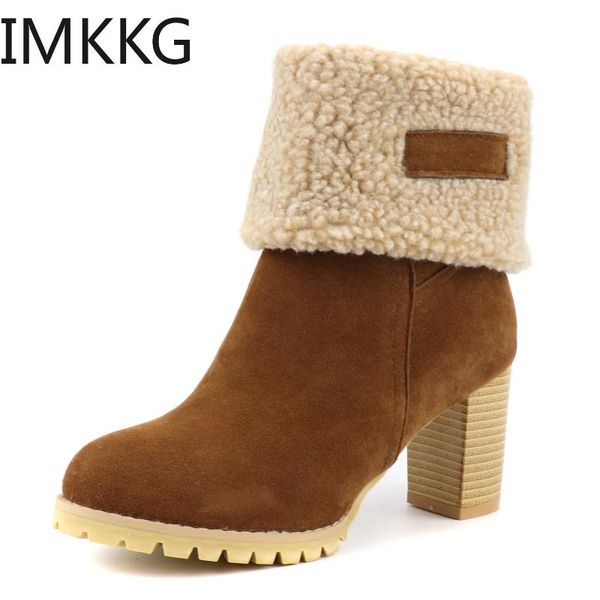 

boots women female winter warmer plush faux suede high heels slip on ankle snow women's shoes fashion platform black