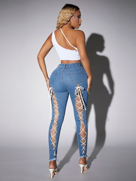 

sxy curvy lace up detail raw hem skinny jeans z0tj#, Blue