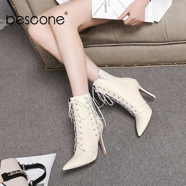 

boots bescone lace-up women mid-calf basic handmade solid thin heel shoes pointed toe super high lady bm67, Black