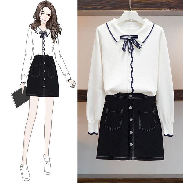 

autumn loose bowknot cardigan knit sweater high waist jeans a-line skirt two piece casual mini sweet school dress1, Gray