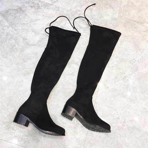 

boots winter women stretch long over the knee 2.5cm heels flock ladies shoes round toe zapatillas mujer 20211, Black