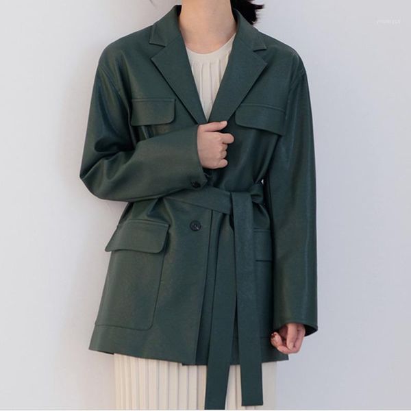 

spring new leather clothing loose coat lazy style belt 2020 fashion women leather coat1, Black;brown