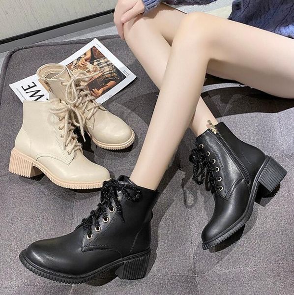 

2021 autumn and winter new warm low-tube round toe increase square heel motorcycle boots, Black