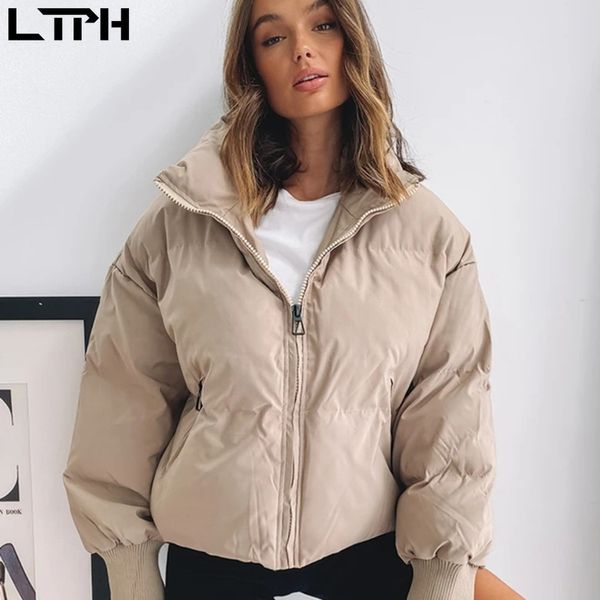 

ltph fashion casual simple solid color stand-up collar short long sleeve zipper parkas women coat winter jacket parka new 201202, Black